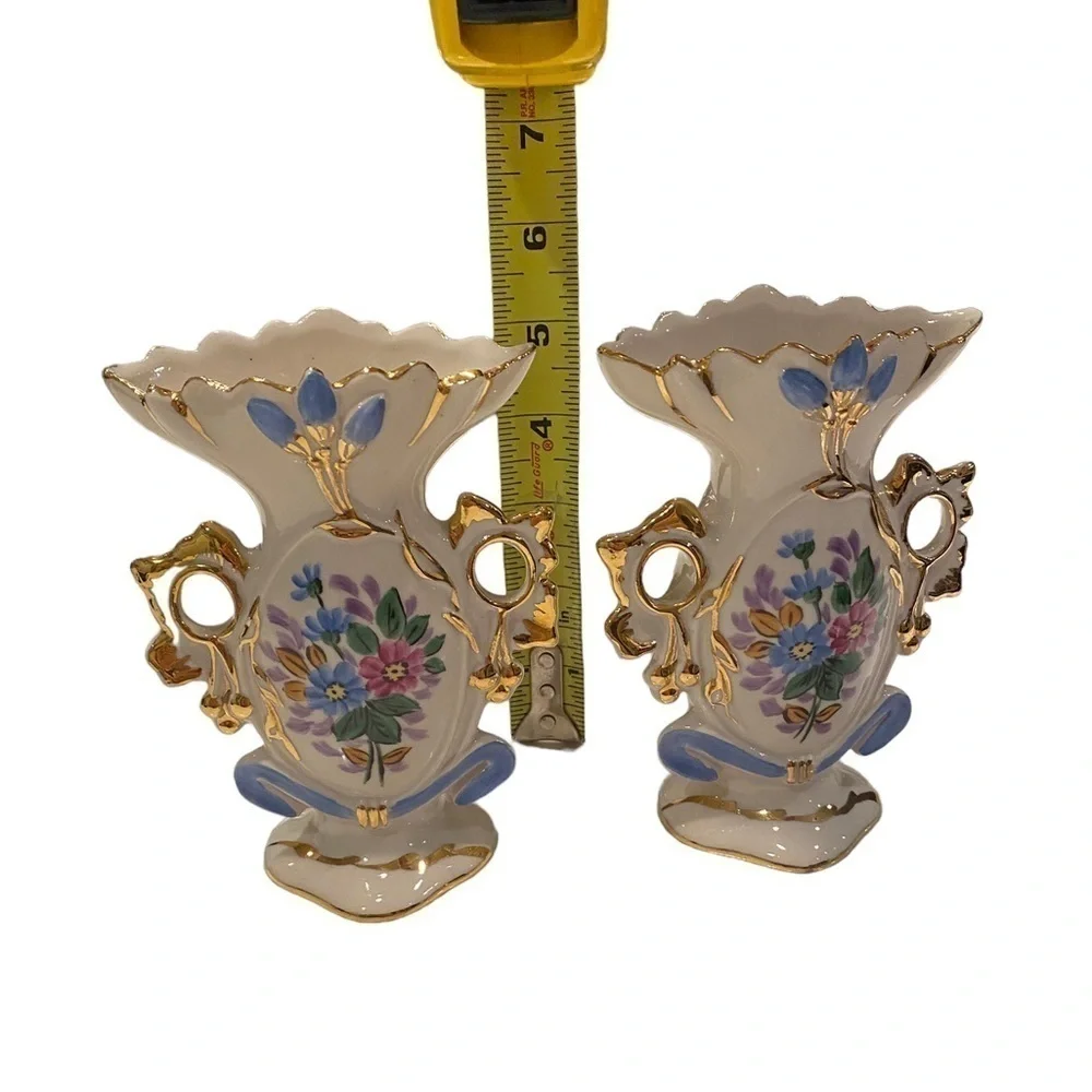 Weisley China Floral Hand Painted Gold Gilded Porcelain Bud Vase Vtg.  Set of 2